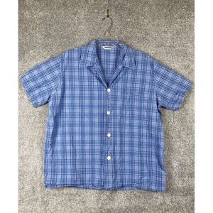 Derek Rose London Mens Shirt Button Up XL Dark Blue Plaid Short Sleeve Pocket